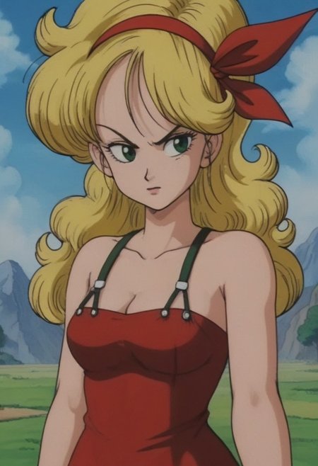Outdoors, trees, blue sky, mountains, source_anime, source_cartoon, Thick outlines, 80s style anime filter, 
launch bad, blonde hair, long hair, curly hair, green eyes, red dress, fierce look,