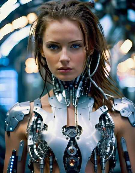 cinematic photo 1girl, cyberpunk, science fiction, cyborg, looking at viewer, realistic, medium breasts, blue eyes, brown hair, lips, long hair, blurry background, cable, mechanical parts, upper body, android, armor, very detailed, dramatic light, sharp focus, cool, full color, cinematic, candid, artistic, extremely inspirational, beautiful, inspiring, thought
 <lora:CyborgsXL:1>, , <lora:FILM_PHOTOGRAPHY_STYLE:0.25> . 35mm photograph, film, bokeh, professional, 4k, highly detailed
