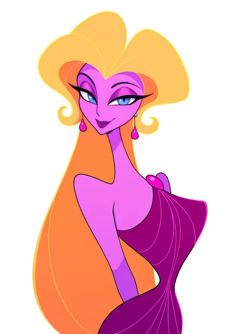 masterpiece, best quality, very aesthetic, absurdres,
1girl, aphrodite, blonde hair, long hair, blue eyes, purple skin, colored skin, earrings, lipstick, makeup,
purple dress,
arms behind back, upper body, smile, looking at viewer, solo, simple background, white background    <lora:AphroditeNoobXL_byKonan:1>