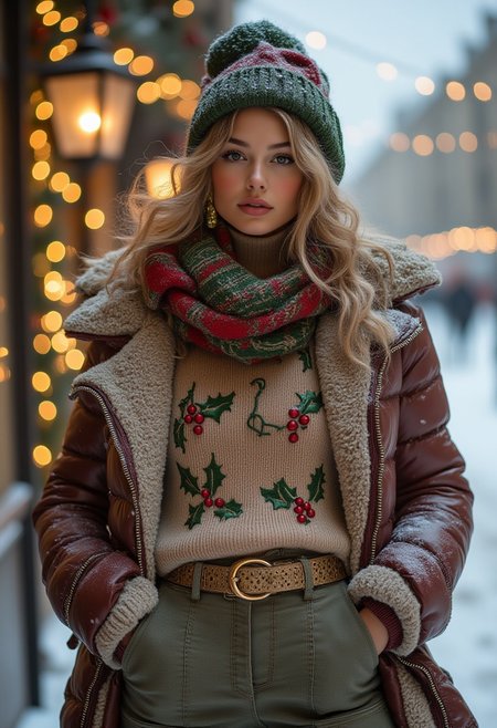 A beautiful christmas snow men with Christmas heat is wearing a stylish puffy winter jacket paired  and a turtleneck sweater adorned with embroidered holly leaves and berries. The look is accessorized with a frilly scarf, a gold-accented belt, and metallic boots for a festive yet urban vibe. She poses out doors during a snowstorm. falling snow, christmas lights, rosy cheeks. pretty eyes