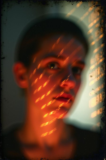 An abstract pattern of film burns and dynamic light streaks creates a vivid backdrop, shrouding a vaguely distinguishable, blurry photo of a face. The face is partially obscured by the chaotic interplay of intense film burns and radiant light patterns, which merge and swirl in an intricate, ethereal composition. The image features a high level of abstraction with distorted light and shadow, giving only the faintest hints of facial features through the heavy blur. Grainy, grain, film grain, candid, high contrast, film burn, analog texture, partial silhouette, Chiaroscuro, off-centered, asymmetrical, highlight bloom, filmic glow, blown-out highlights, moody, herbstphoto, herbst photo.   <lora:Herbst_Photo_35mm v2:1.0> <lora:flux_realism_lora:1.0><lora:785050898788494254:0>