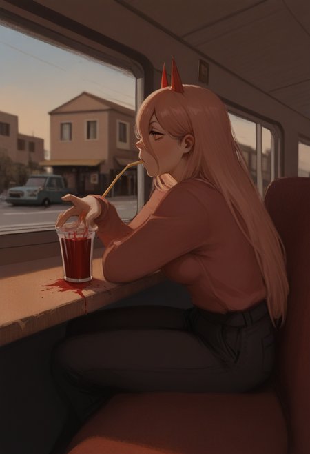 qu45681style, painterly, masterpiece  best quality,  solo, power \(chainsaw man\),  red horns, drinking blood smoothie, straw, street, seated in diner, warm colors, window,