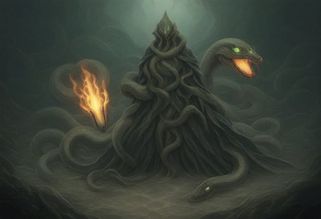 dark fantasy art, gothic art, detailed background, intricate, Exquisite details and textures, highly detailed, ultra detailed photograph, 4k, sharp focus, high resolution, a wolf with snakes skin, summons a creature, fire and water vortex, dramatic, green eyes, glowing eyes, gothic cloak, backlit fog surrounds character
BREAK 
snakes surround the character on the ground, character is in an ancient tomb, 12 snake soldiers surround main character
snake, snake on shoulders, sn4k3