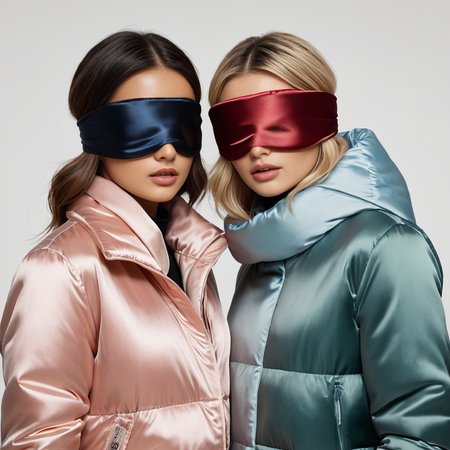 satin_scarf_blindfold, two women, puffer jackets
 <lora:satin_scarf_blindfold:0.3>