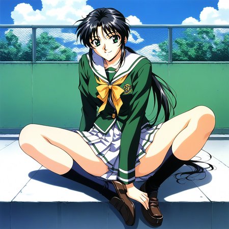 score_9, score_8_up, score_7_up, source_anime, rating_explicit, BREAK <lora:Tachibana_Yumi_XL:1> Tachibana_Yumi, black hair, long hair, green eyes, low ponytail, bangs, sidelocks, 1990s (style), 
1girl, school uniform, solo, skirt, shoes, green shirt, socks, pleated skirt, 
loafers,  long sleeves, sitting, smile, serafuku,  full body, legs
day, sky, outdoor,