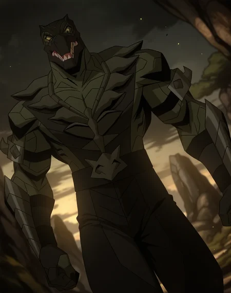 <lora:Reptile_(Mortal_Kombat_Legends_Scorpion's_Revenge)_(Illustrious)_(AD):1.35> Reptile_MK, muscular, Mortal Kombat, 
dutch angle, exterior, monumental architecture, wasteland, dark night sky with black clouds, mountains, ancient Asian stone ruins, 
male focus, gradient coloring, villain, cowboy shot, white teeth, 
BREAK very awe, aesthetically pleasing, masterpiece, best quality, amazing quality, very aesthetic, perfect depth of field shot, in'ei, source_furry, furry_art, 
Smooth Quality, lazympos, IllustQualXL_Pos,