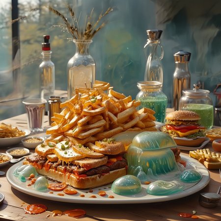 foodphoto, a cheeseburger and fries made out of slime, cheeseburger and fries on a plate, french fries, french fries made of slime, food made of slime, food still life, plate made of slime, table made of slime,
natural light, no bright spots, 
((translucent slime)), ((transparent slime)), made of water, (bioluminescent slime), sl1m3, slime, slime-morph, ais-blmn, saturated colors, no creatures, no humans, no monsters, no pokemon, scenery only, scenery, ral-lava, watce