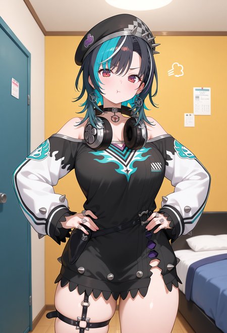 best quality, masterpiece, 1girl, aachihaya, medium hair, multicolored hair, black hair, beret, black headwear, earrings, red eyes, headphones around neck, black choker, off shoulder, black dress, long sleeves, ring, single garter strap, thigh strap, <lora:rindo_chihaya_ilxl_v1:0.9>, standing, cowboy shot, indoors, room, pout, hands on own hips,