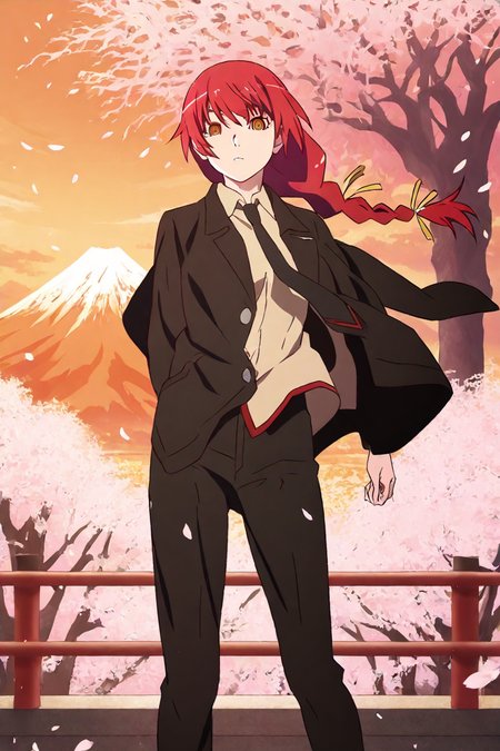 score_9, score_8_up, score_7_up, score_6_up, score_5_up, score_4_up,  <lora:mak1ma0XL_Pony_v1:1> , mak1ma0, red hair, braid, long hair, ringed eyes, blackjacket,white collared shirt,black necktie,black pants, floating hair, <lora:monogatari_style_IllustriousXL:0.8>, monogatari_style,  1girl, standing, solo, alone, warm orange hue theme, orange sky,  looking at the viewer, masterpiece, highres, highly detailed face, highly detailed shining eyes, symmetrical highly detailed eyes, mount fuji background, cherry blossoms, petals, falling petals, tree, spring