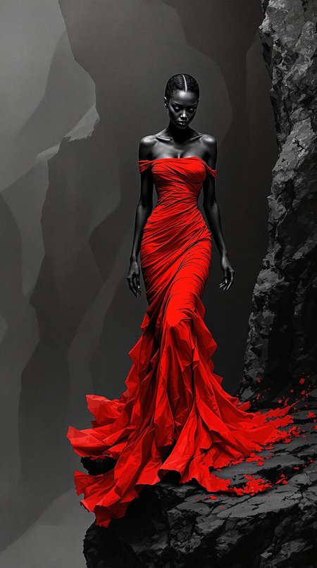 Create this dramatic impasto artwork with a touch of abstract expressionism: a woman with a symmetrical beautiful face, ebony skin, wearing a vibrant, flowing red dress standing on a perilous-looking cliff edge. The dress has dramatic ruching and draping that accentuates her figure, giving the impression of both elegance and vulnerability. The stark contrast between the woman's striking red attire and the dark, rocky surroundings creates a sense of tension and drama. The woman's eyes are downcast, adding to the sense of emotional weight and mystery. Overall, the painting evokes a powerful sense of narrative, suggesting a story or emotional state waiting to be explored.
The painting with a focus on detailed textures and dramatic lighting features a monochromatic scheme, primarily with shades of black, white, and gray.