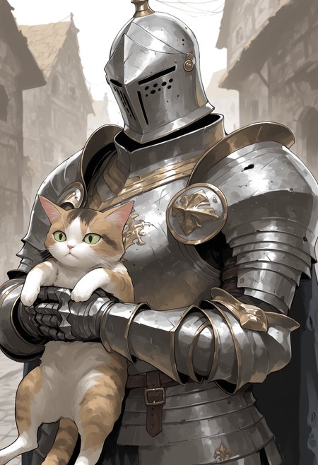 1boy, masterpiece, highres, street, holding a cat, knight, armor, helmet, ruined village, dirty armor, <lora:add-detail-xl:1> <lora:PHM_style_IL_v3.3_1470025:1>