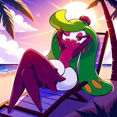 score_9_up, score_8_up, score_7_up, best quality, masterpiece, source_anime, soft shading, motion lines, blue background, palm trees, clouds, sun, sun rays, BREAK 1girl, solo, tsareena, pokemon_(creature), flora fauna, green hair, long hair, wide hips, white head, eyelashes, pink eyeshadow, purple eyes, sitting, arms behind head, one eye closed, beach chair, <lora:PDXL_Tsareena_PKMN:0.9>
