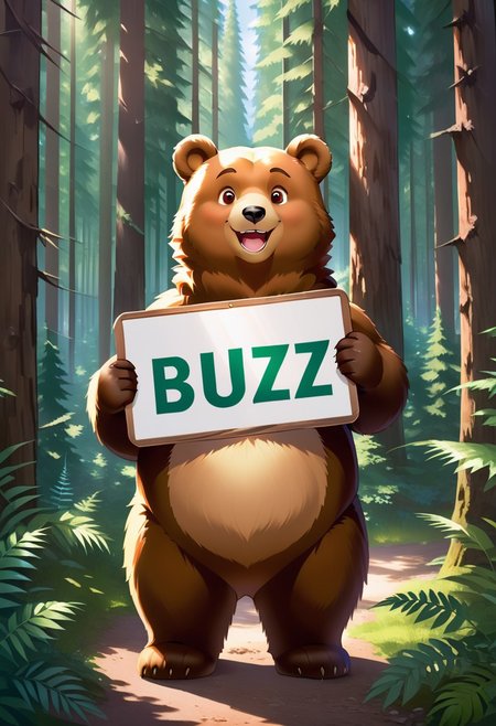 Smiling Bear,  looking at viewer, holding a sign that says "BUZZ”, text, forest