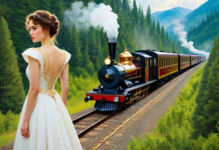 (intricate details, masterpiece, best quality:1.4) , ((Anna Karenina is waiting for a train, a train traveling along railway tracks in the mountains next to a forest, a painting in the style of fine art, golden steam locomotives, a masterpiece, a smooth streamlined line)), futuristic style, elegant, modern, ultramodern, detailed, (steampunk (high-tech aircraft, wings spread, on long+++ legs), light in the portholes,