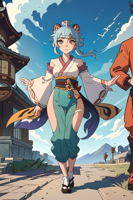 ((master piece)),best quality, (best quality, masterpiece1.2), (detailed eye:1.2), intricate detail, depth of field,  beautiful detailed sky, 1girl, ganyu \(genshin impact\), full body,  <lora:zGSGanyuV20Genshin_v10:1>