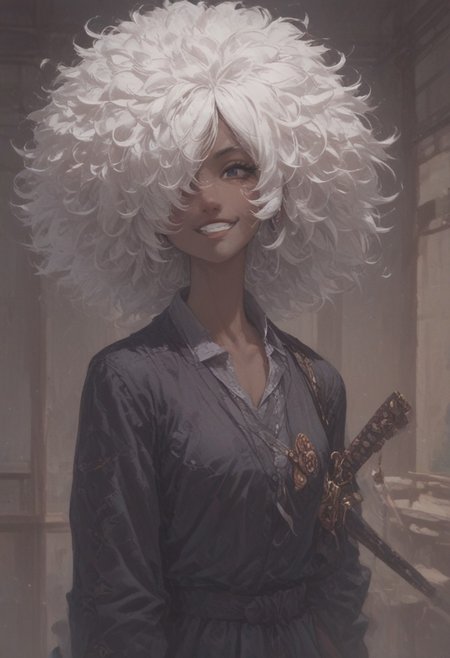 score_9, score_8_up, score_8,
shinobu jacobs, white hair, (big hair, messy hair, afro:1.2), hair over one eye, thick eyelashes, dark skin, 
smile, happy,
school girl, combat, sword,
Dojo,