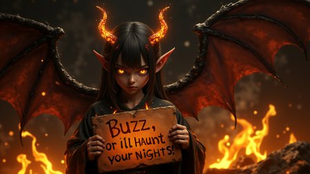 a 1 burning demon, girl face, brutal composition, gloomy, emotionally profound, horror, intense and brooding dark tones, masterpiece, best quality, high quality, highres, absurdres, dramatic lightning, high definition, depth of field, very intricate, unforgettable, digital art style,  Holding sign that reads, flamming letter "Buzz, or I'll haunt your nights!", dark inferno style background, creepy ambiance, , realistic view, surreal realism, photorealitc, cinema, dark vignettage, dark moode, flame rain, asteroid rain, gold lake on background