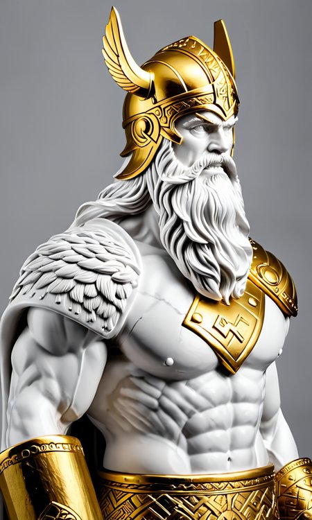 a statue of a Viking warrior with a large hammer,  best quality, masterpiece,  <lora:cstatuesdxl:0.8>, cstatuesdxl, white and gold, thor, muscular, winged helmet