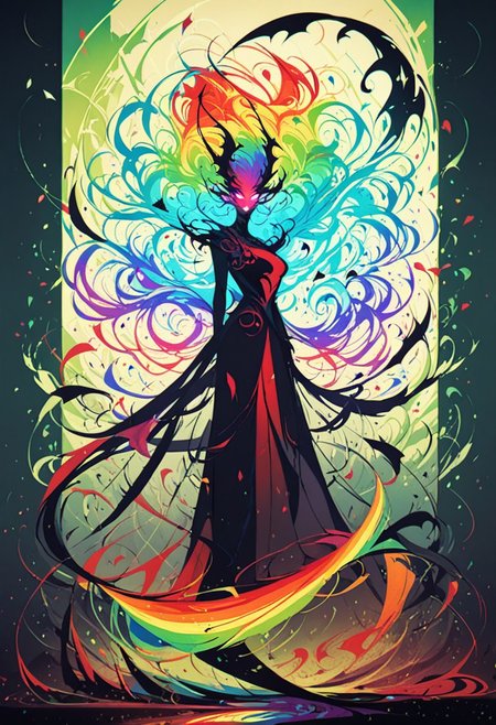 score_9, score_8_up, score_8_up, ((Cinematic composition)),((masterpiece)), (resplendent lighting), absurdres, very fine detail, 8k.
1girl, (full body). abstract, beautiful demoness, glowing pale eyes, demon tail, seductive, rainbow hair, particles, lithe, colorful, abstract background,   <lora:NoctAbstractConcept:1>