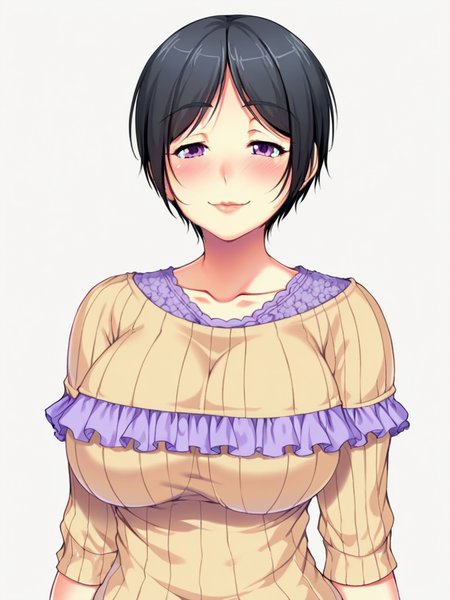score_9, score_8_up, score_7_up,  
1girl, hibino manami, short hair, black hair, purple eyes, large breasts,
beige sweater, purple frill,

looking at viewer, smile, closed mouth, narrowed eyes, blush,

standing, upper body, 
white background, solo,