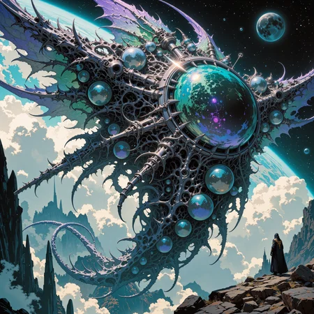 surreal and outlandish scenery on a distant world, famous artwork inspired by android jones and scott m. fisher and todd lockwood, fractal art, dramatic sky, this image shows the airborne "ornate irklobber", an ethereal and fantastical floating creature with enormous iridescent, boondiversed gas bladders, it navigates the clouds in the dense atmosphere of the tempestuous alien planet "furyon ix" with ethereal blibbering grace, creature focus, very aesthetic, extremely detailed, ultra high resolution, 8k, 4k, harmonising colors, eggshell white and deep violet and ebony black and dresden blue and sea green, ovg, amanoer, mi2655, an1mel1nes, <lora:style-yoshitaka_amano-elden_ring-flux-by_alicient:0.28> <lora:style-retro_anime-flux-by_lizardman245:0.28> <lora:style-ethereal_dark-midjourney-flux-by_gedogfx:0.32> <lora:style-mythic_fantasy-anime_lines-flux-by_velvets:0.52>