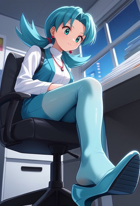 1girl, krispokemon, aqua hair, aqua eyes, low twintails, character age 20,
office,office lady, aqua jacket, aqua skirt, aqua pantyhose, white shirt, necklace, earrings,
sitting, on chair, crossed legs, from below, foot focus, high heels, aqua footwear, high heels shoe dangle, (window), night, night sky, moonlight,
((anime style, source anime)), (vibrant colors), [high saturation], score_9, score_8, score_7, (medium breasts)