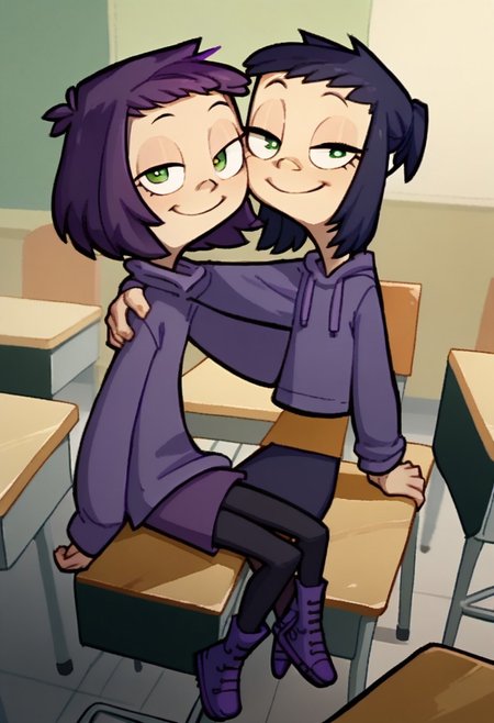 score_9, score_8_up, score_7_up, score_6_up, score_5_up, score_4_up, 2 girls in image, sitting on desks, smiling, looking at viewer, arms around each other, friends, 
BREAK, 
1 girl, square head, green eyes, squinch, round eyes, dark blue hair, dark blue dress sweater, black leggings, small black boots, 
BREAK
1 girl, purple hair, long eyelashes, purple hoodie, purple skirt, purple shoes,