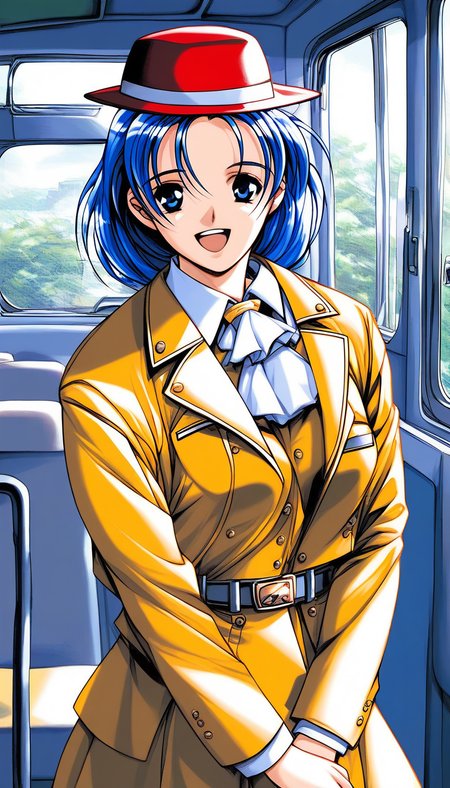 score_9, score_8_up, score_7_up, source_anime, rating_explicit, BREAK <lora:Nonomura_Misato_XL:1>Nonomura_Misato, blue hair, blue eyes, medium hair, medium breastsãbraid, open mouth,
bus guide, 1girl, solo, red hat, ascot, smile, Yellow jacket, bowler hat,
1990s (style),  looking at viewer, v arms, skirt, long sleeves, shirt, belt, uniform,
