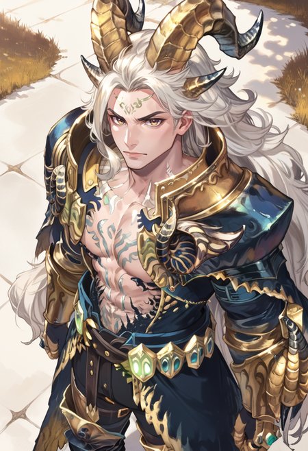 (score_9:0.9),score_8_up,score_7_up,rating_safe,anime style,(zPDXL),<lora:EX Kulve Taroth Alpha male ponyXL v1:0.8>,ex kulve taroth alpha armor,1boy,grey hair,solo,gold horns,very long hair,gold gauntlets,looking at viewer,outdoor,gold theme,standing,male focus,large pectorals,muscular male,black knee boots,gold pauldrons,from above,