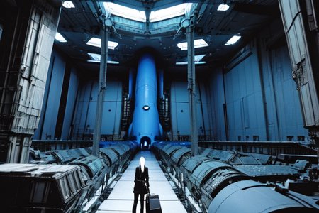 highly insanely detailed, masterpiece, top quality, best quality, highres, 4k, 8k, RAW photo, (very aesthetic, beautiful and aesthetic),  
tsutomu nihei,nihei_tsutomu,blame!,blame gakuen!,abara,TNstyle,sidonia_no_kishi,(mausoleum,tower,deep horizon,tunnel,megastructure in background,giant room,hangar), 
<lora:blameLora_v10:1>, 
(1girl:1.3), 
solo focus, 
(pure blue background,transparent background:1.2),âââ