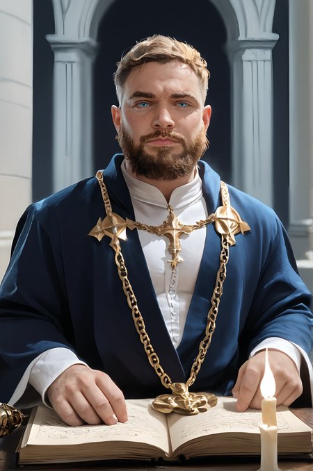 score_9, score_8_up, score_7_up, score_6_up, rating_explicit, uncensored, nsfw, masterpiece, best quality, ultra-detailed, hyperrealistic, photo-realistic, 8k UHD, RAW photo,extremely detailed skin, skin pores, perfect face, natural imperfections, subsurface scattering, detailed eyes, detailed skin texture, fine wrinkles, freckles, realistic skin shading, 
fantasy priest, dark robe, glowing candles, book of spells, long beard, mystical aura, golden accents, eerie atmosphere, chains and ornaments, ornate cross, mysterious figure, magical energy
 <lora:Bull_Daddy-000009:0.78> bul1, facial hair, beard, short hair, bara, mature male, pectorals, chest hair, large pectorals, realistic
 <lora:Concept Art Brush Style LoRA_Pony XL v6:0.72> digital art, science fiction, scenery, male focus, realistic, concept art