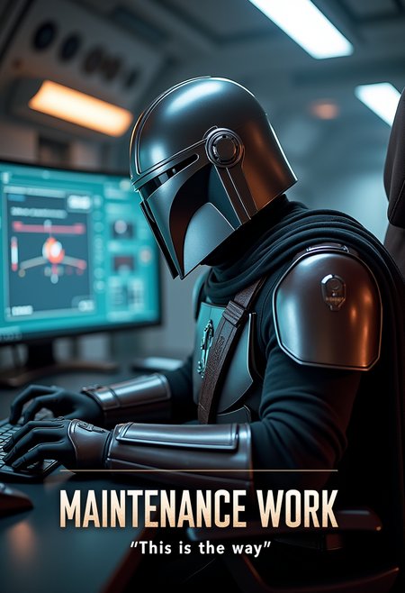 a movie poster with the text:"Maintenance Work - This is the way!".The Mandalorian working on a computer, spaceship background.realistic textures,highly detailed,masterpiece,high quality