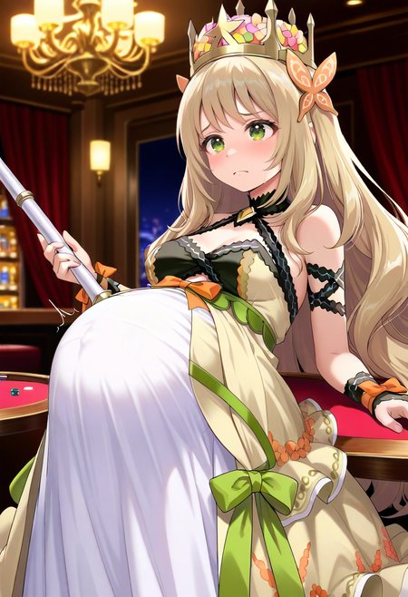 STYLE(comfy++,none) masterpiece, best quality, azuuru, torino aqua, 1girl, aged up, large breasts, covered, pregnant, big belly, celine \(fire emblem\), green eyes, blonde hair, very long hair, butterfly hair ornament, bare shoulders, wrist bow, orange bow, princess, crown, solo,  pain, frown, looking ahead, holding, (leaning back),, standing, portrait,  night, casino, safe<lora:Other\Pregnancy_Slider.safetensors:1.5:1.5> <lora:Other\LoosePregV4.safetensors:1.0:1.0>