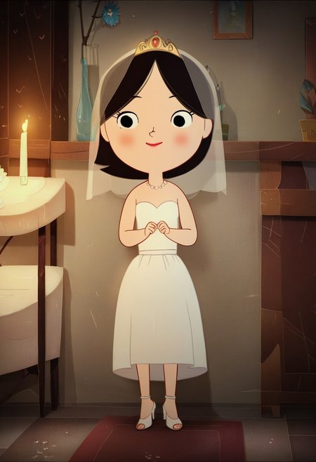 zPDXL3, source_cartoon, Perfect Hands, full body, 1girl, solo, saoirse, black hair, black eyes, blush, short hair, smile, Red Lipstick Full body, barefoot, Perfect Hands, Wedding dress, Wedding veil, Golden tiara, white high heels sandals, indoors,  (detailed backbround:1.3)