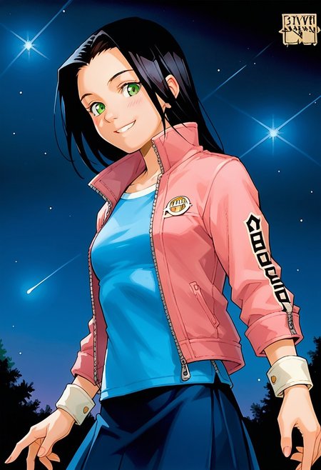 score_8, score_8_up, score_7_up, 1girl, female focus, solo, dsktrdcardxl, traditional media, trading card, Caitlin_PP, black hair, long hair, green eyes, small breasts, blue shirt, jacket, pink jacket,  zipper, open jacket, sleeve cuffs, skirt, cowboy shot, night, sky, star (sky), black sky, looking at viewer, smile, blush