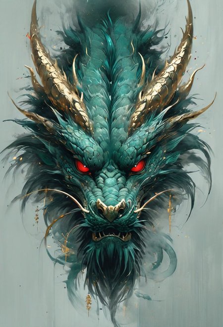 minimalism style, WLOP art style, a character worrior , facial muscles,  eye light, dragon behind, cinematic foootage,  fantasy, intricate details,8k post production,dark green blue red white gold tone