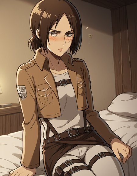 score_9, score_8_up, score_7_up, source_anime, <lora:kyojin-ymir-s1-ponyxl-lora-nochekaiser:1>, ymir, short hair, brown hair, brown eyes, ponytail, freckles, mature female, small breasts,, <lora:paradis-military-uniform-ponyxl-lora-nochekaiser:1>, paradis military uniform, belt, cloack, cropped jacket, emblem, green cloak, jacket, long sleeves, pants, shirt, thigh strap, uniform, white pants, white shirt, brown jacket,, indoors, bed, bed room, on side, blush, drunk, looking at viewer, solo,, cowboy shot, dutch angle