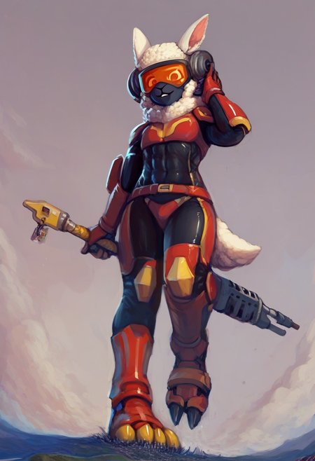score_9, score_8_up, score_7_up, score_6_up, (source_furry), sheep, anthro, female, macro, giga, micro, androgynus, continent with micro cities, landscape dwarfing, (((a hvyflamer weapon))), full body white fireproof suit, helmet, tinted visor, (long sheep tail), scifi suit, by nommz
