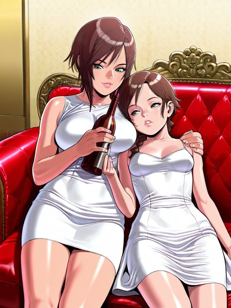 masterpiece, best quality, amazing quality, highres,  intricate detail, detailed skin,  <lora:Vella_Illustrious-FW:0.8>,  vellafw,   petite , masterpiece, amazing quality,  lying on ornate sofa, asleep, holding an enormous wine bottle to her chest, white dress, (tekuho no habo:1.1), pencil skirt,  short hair, braid, green eyes, brown hair, medium breasts,