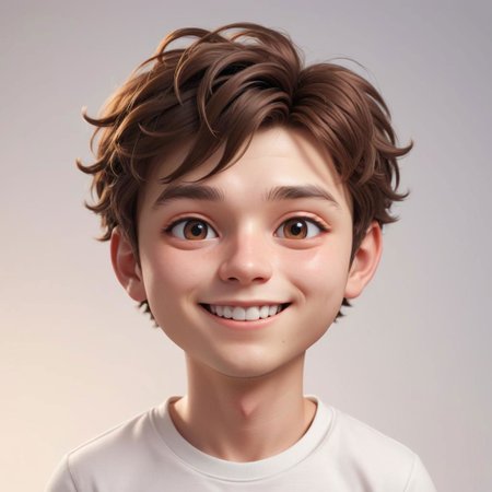 Portrait of a ruddy young man, flushed cheeks, chibi, super deformed, 20yo, smiling, doll-like, Photorealistic simple volumetric light background, ColorART, CGI,