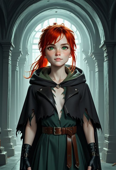 1girl, Masterpiece, 8k, ultra high detail, score_7 up, 
volumetric lighting, vivid colors, vibrant colors,  score_8_up, score_9,  small breast size, sporty red ponytail hair,  fcNeg, stunning green eyes, freckles, white skin, small nose, innocent beauty, slim face,  cute face, skinny body, perfect body, extreme detailed body, intence green eyes,  perfect face, ultra high detailed face, perfect eyes, petite, 
Face fokus, fokus on face, 
Leather wasteland warrior clothes, dark tattered cloak violently thrashing, dark long torn cloak with hood down, dark hood down, 
w4stel4nd3r, fingerless gloves, belt, torn clothes, 2 different leather long skirts,  
d3t41l3d, zPDXL3, 
Inside old bunker, dark corridor,