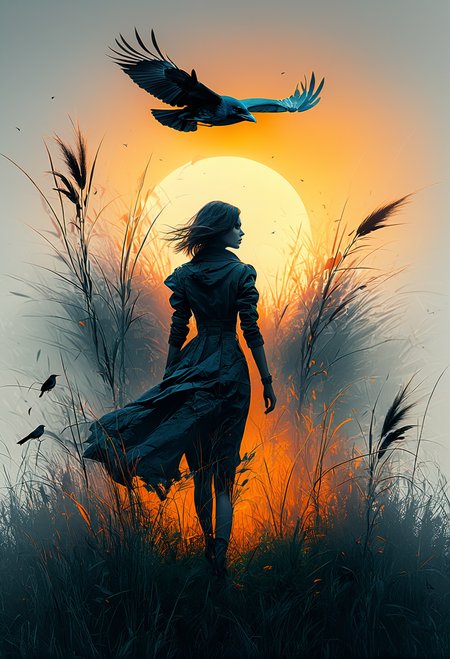 grass orange sun english meadow rooks and a woman silhouette. eerie dreamy beautiful. realistic,
Dramatic, Dynamic, Cinematic, Sharp details, Insane quality, Insane resolution, Insane details, Masterpiece, high resolution, 
<lora:artfullyTREEBIRD_SDXL_V1-000003:1>   <lora:artfullyNecralien_SDXL_V1:0.4>  CYBR-XL
