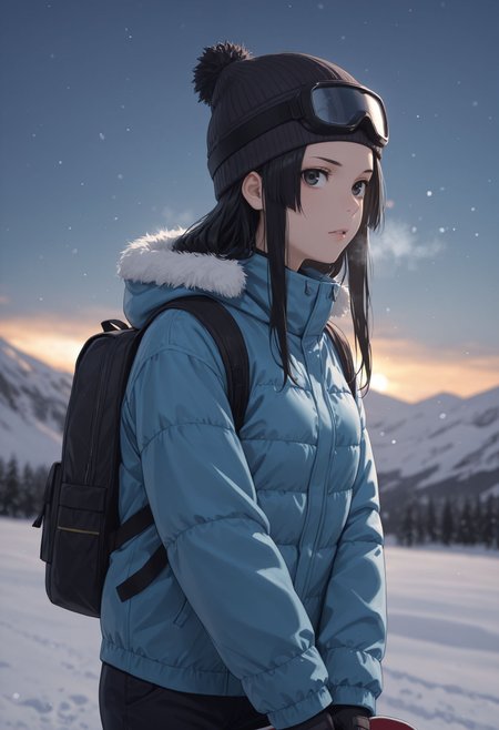 masterpiece,best quality,absurdres,highres,very aesthetic,high quality,detailed,insanely detailed,beautiful,perfect lighting, ,depth of field,blurry background,bokeh, looking at viewer, 
very aesthetic, , very awa , ,, <lora:Kongou Mitsuko illu:1> 1girl, long hair, black hair, black eyes, ski goggles, beanie, padded jacket, gloves, backpack, holding, snowboard, outdoors, snow, mountain, blue sky,