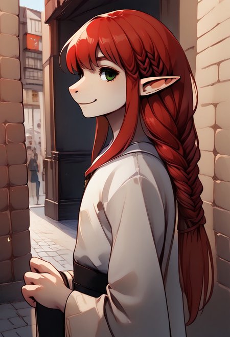 ((Lapanya)):1.2, 1 person, solo,
advntr, smooth anime, ((snout nose)):1.2, pointy ears, androgynous body, ((fftwhitemage)), red hair, long hair, braid, green eyes, white robe,
((Shaft head tilt, small smile)),
((slender fingers, 4 fingers)):1.4,
((Dutch angle, side view, close up)),
((Outdoors, cobblestone street, medieval city)):1.4, 
Clean lines, detailed background, detailed hands, highly detailed, high quality, ((semi-realistic)), best quality, rating: g
score: 9, score: 8 up