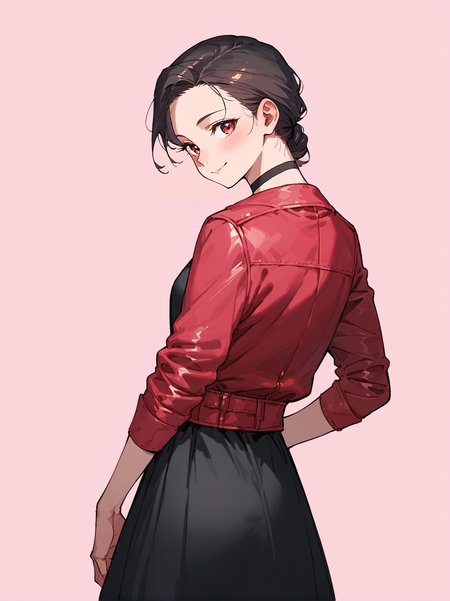 score_8_up, score_7_up, score_6_up, source_anime, 1girl, solo, simple background, pink background,
standing, pose, contrapposto, arched back, cowboy shot, from behind
smile, 
red jacket, black dress, black choker
 <lora:silenthillmaria:1>