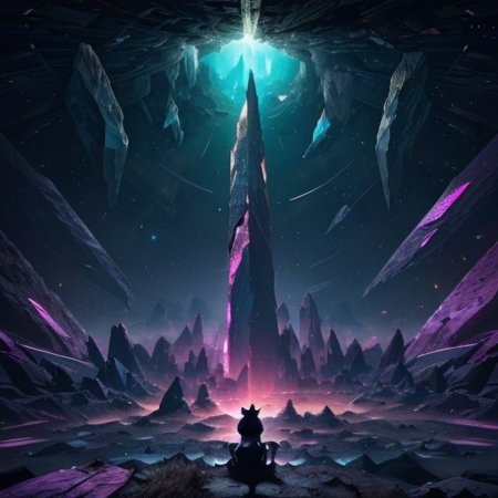 In the vast emptiness of the interstellar void, a cat whose omnipotent powers sits in a cyberpunk street, collide.highest quality, enhanced quality, creative, beautiful, vibrant, masterpiece, 8k, amazing details, amazing quality, amazing artist, sharp edges, detailed textures, full view, atmospheric lighting, amazing visuals, crystals fantasy, crystals, crystal, bg_imgs, cyberpunk, neon lights, science fiction, view from above,