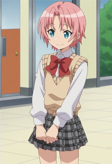 score_9, score_8_up, score_7_up, score_6_up, score_5_up, score_4_up , anime coloring ,BREAK source_anime, anime,screencap,
1boy, solo, himea, short hair, school uniform, white shirt, pleated skirt, kneehighs, red bowtie, sweater vest, otoko no ko, crossdressing,  <lora:PonyXL HimeA V3:1>
indoors,smile,