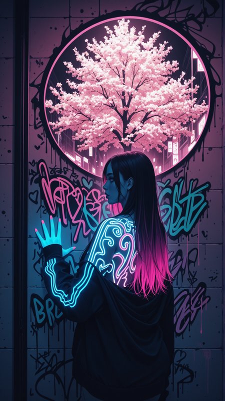 masterpiece, best quality, high detailed, high contrast, cinematic, very aesthetic, absurdres, aesthetic, official art, bright colors, neon colors, translucent beautiful female portrait graffiti, huge female graffiti, Jeddbleil, double exposure, within wall, blending cherry blossom tree, (female seamlessly blended inside wall as female graffiti:1.1), (female merged from within graffiti on wall:1.1), wall with female graffiti cherry blossom tree  <lora:DoubleExposureIL:0.5>