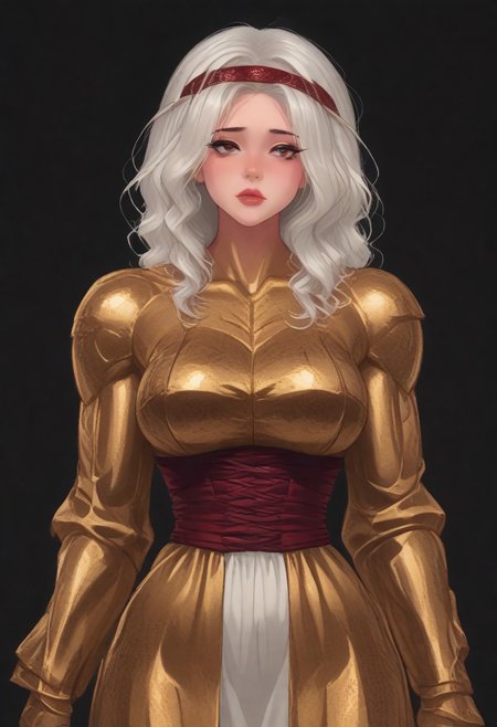 (score_9, score_8_up, score_7_up), source_anime, anime, female (dark red skin) white hair, burgundy eye color, black eye sclera, layered clothing, waist-high, black background, woman, forehead, headband  (big breasts:1.2) (golden armor:1.1) (muscular body:1.8) white tight skin (fleshy lips:1.5) (thin waist:1.5).