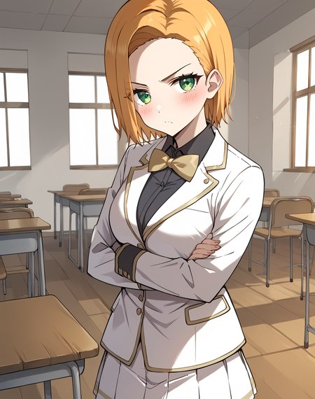 liana_de_grantz, orange hair, short hair, green eyes, white blazer, black shirt, collared blazer, yellow bowtie, academy school uniform,  white skirt BREAK indoors, classroom, medieval BREAK crossed arms, tsundere, blush, looking at viewer, cowboy shot BREAK score_9, score_8_up, score_7_up, source_anime ,zPDXL, <lora:Liana_de_Grantz:0.8>